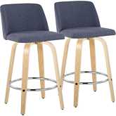 Toriano 26" Swivel Counter Stool in Natural Wood & Blue Fabric with Chrome Footrest (Set of 2)